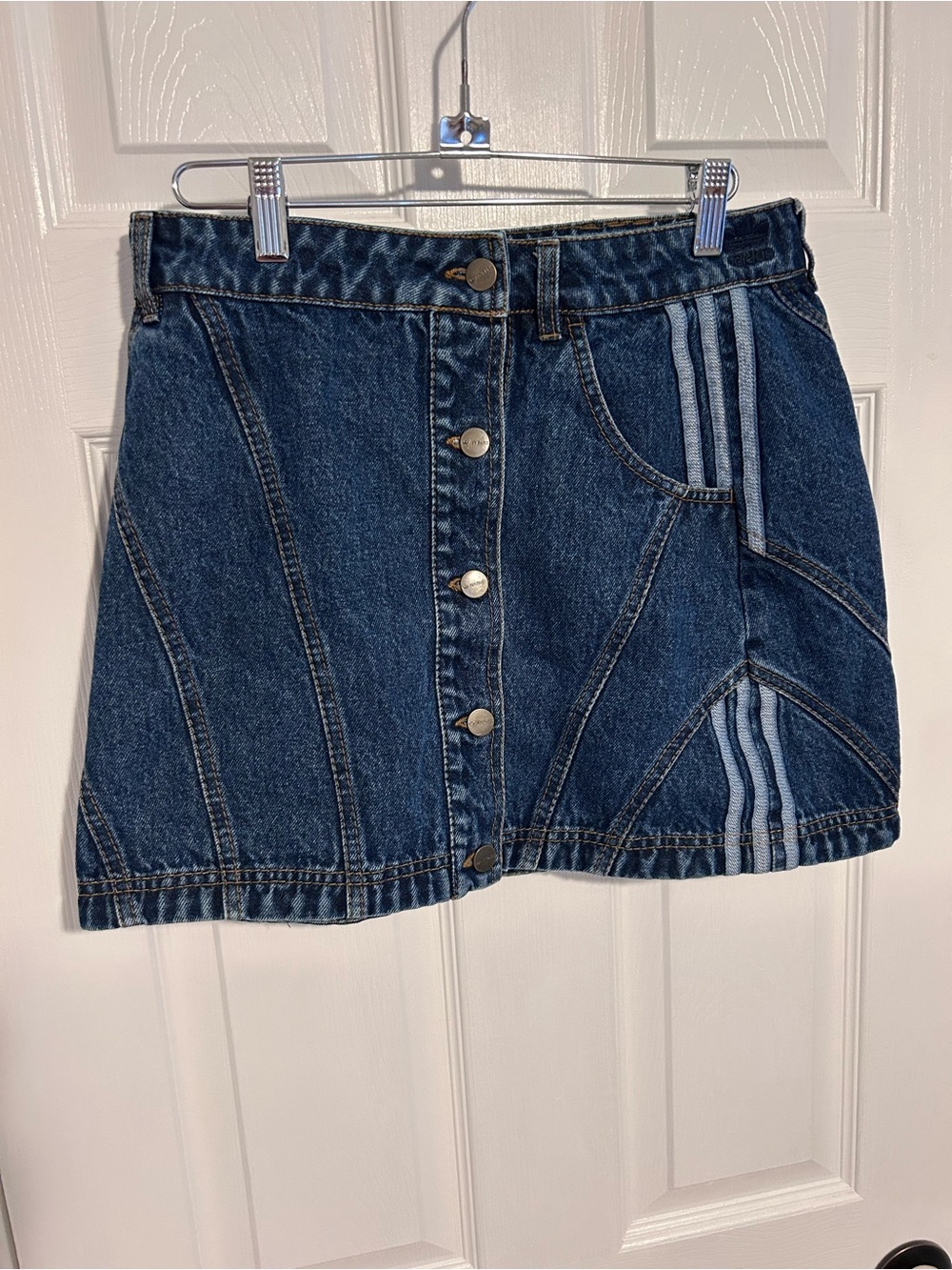 adidas x Ivy Park Denim Button-Front Mini Skirt with Light Blue Stripe Detail